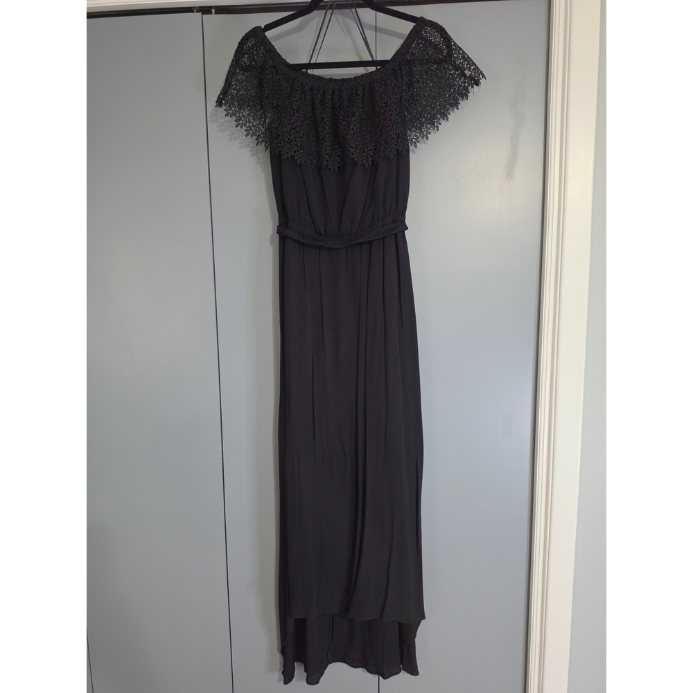 NWT Apt. 9 Maxi Dress Medium Black Off Shoulder Lace Trim High Low Hem
